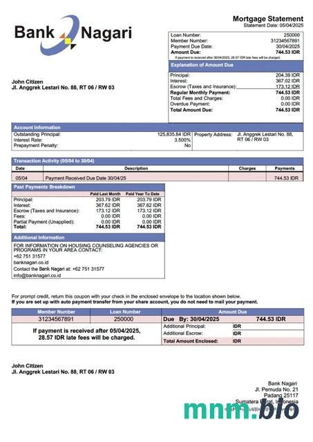 Indonezja Bank Nagari wyciąg z kredytu hipotecznego szablon Word i PDF